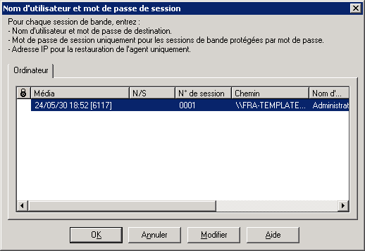 Nom d'utilisateur et mot de passe de session, boîte de dialogue