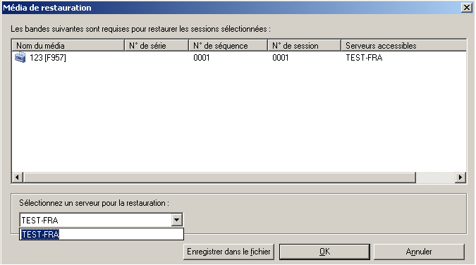Boîte de dialogue Média de restauration : Menu déroulant de restauration du serveur SAN.
