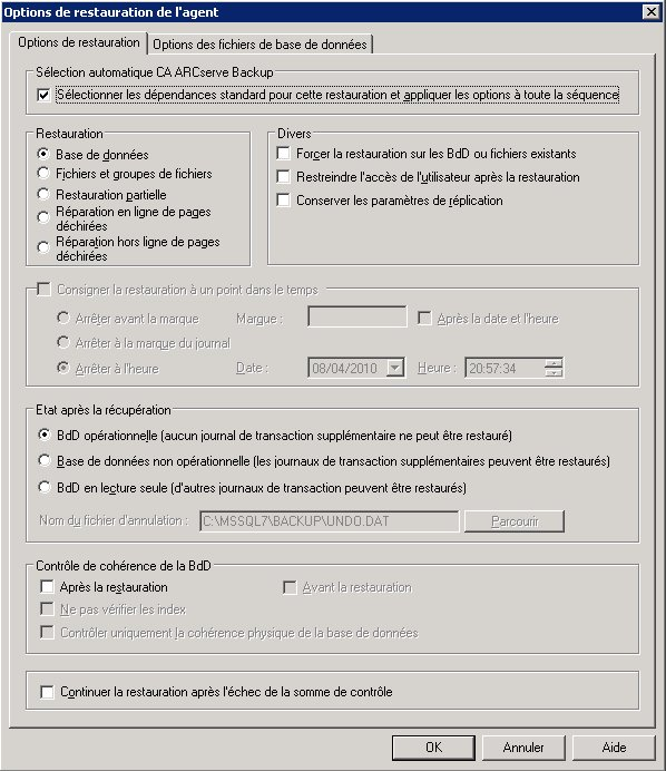 Les options de restauration de l'agent sont accessibles à partir du gestionnaire de restauration de CA ARCserve Backup