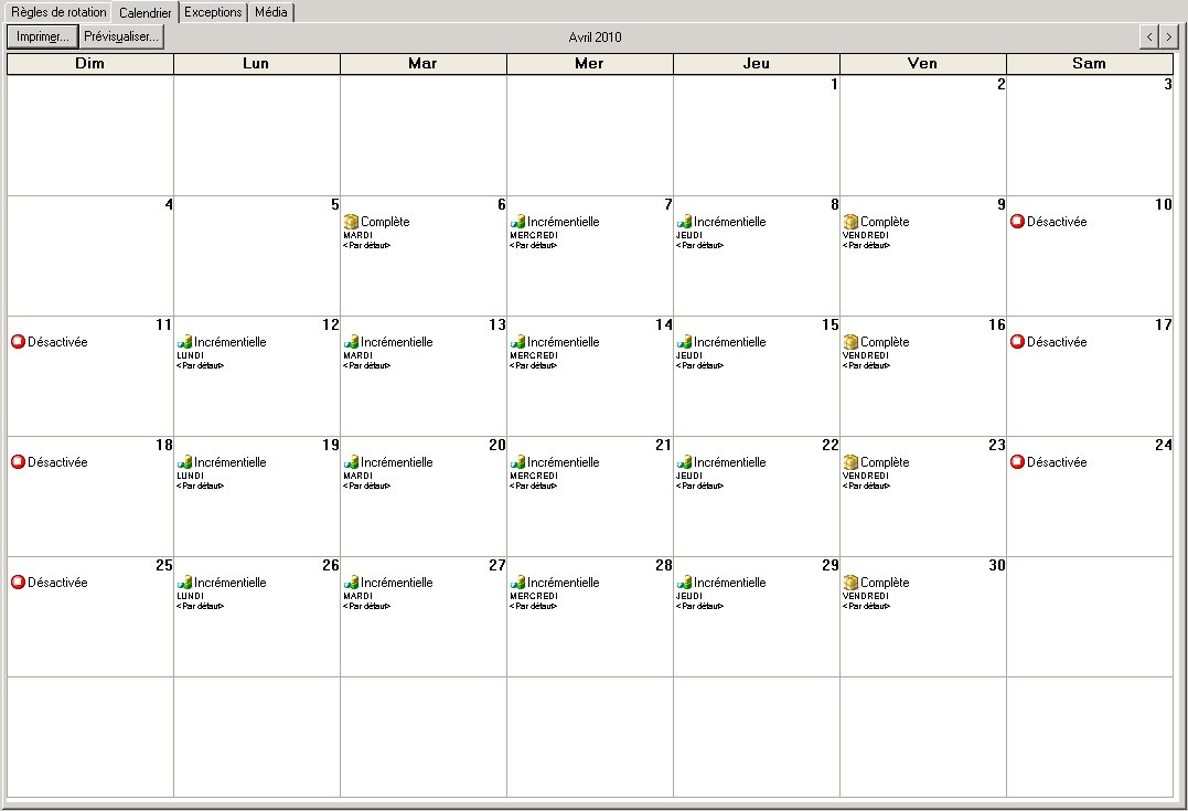 Gestionnaire de sauvegarde : onglet Planification. L'onglet Vue du calendrier est sélectionné.