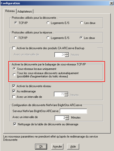 Boîte de dialogue Configuration de la détection La section Activation de la détection par balayage de sous-réseaux TCP/IP est mise en surbrillance et l'option Sous-réseaux locaux uniquement est spécifiée.
