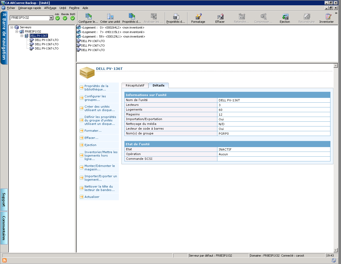 Fenêtre Gestionnaire d'unités. Les informations détaillées sur les bibliothèques s'affichent.