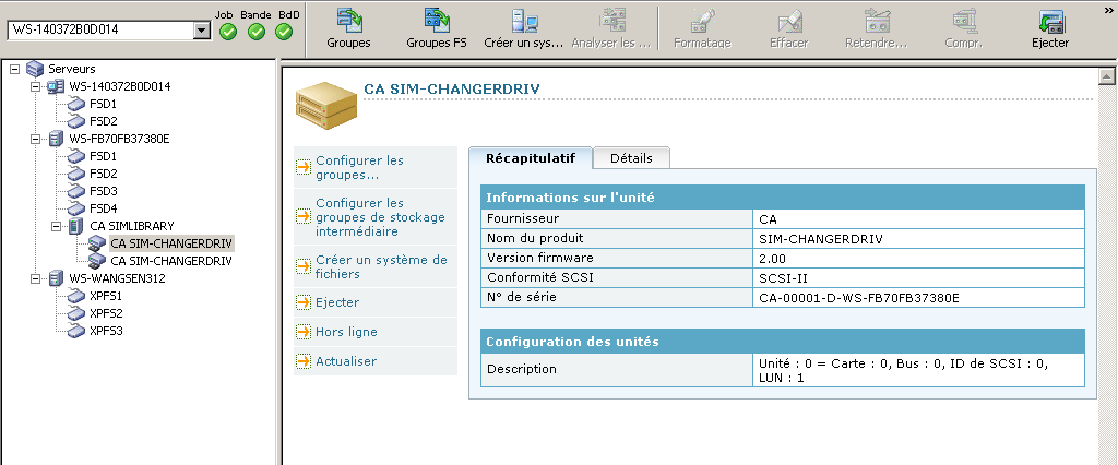 Fenêtre Gestionnaire d'unités. Les informations récapitulatives sur les unités de bibliothèques s'affichent.