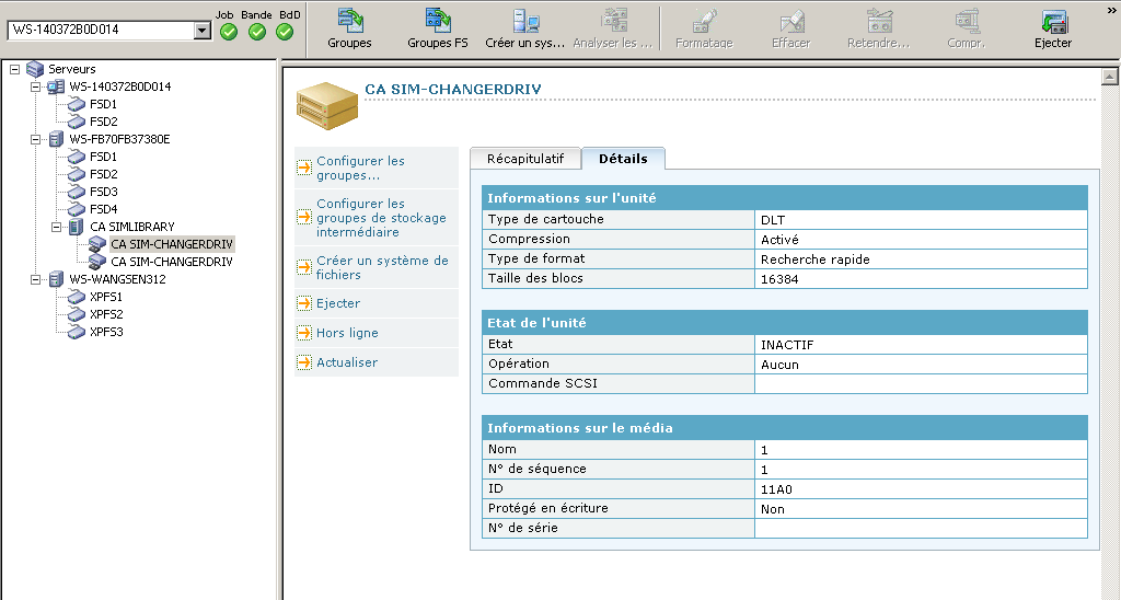 Fenêtre Gestionnaire d'unités Les informations détaillées sur les unités de bibliothèque s'affichent.