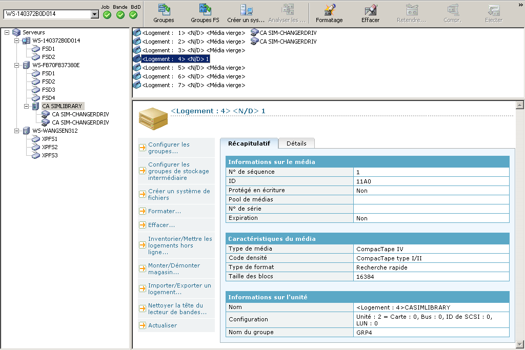 Fenêtre Gestionnaire d'unités Les informations récapitulatives sur les médias s'affichent.
