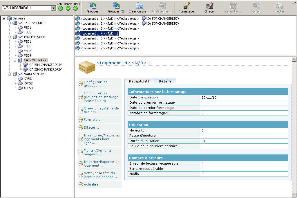 Fenêtre Gestionnaire d'unités Les informations détaillées sur les médias s'affichent.