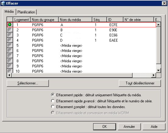 Boîte de dialogue Effacement. Effacement rapide - ne détruit que l'étiquette du média spécifiée.