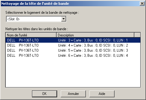Boîte de dialogue Nettoyer la tête de lecture. Le logement de cassette de nettoyage et le périphérique sont spécifiés.