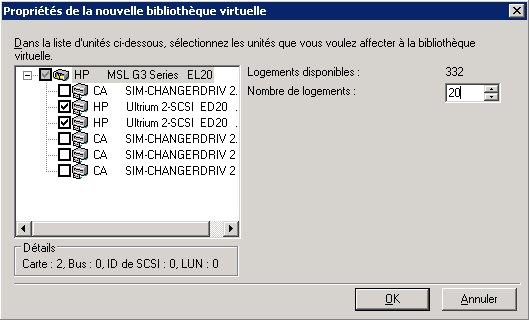 Boîte de dialogue Nouvelles propriétés de bibliothèques virtuelles. Les périphériques s'affichent dans la liste des périphériques disponibles.