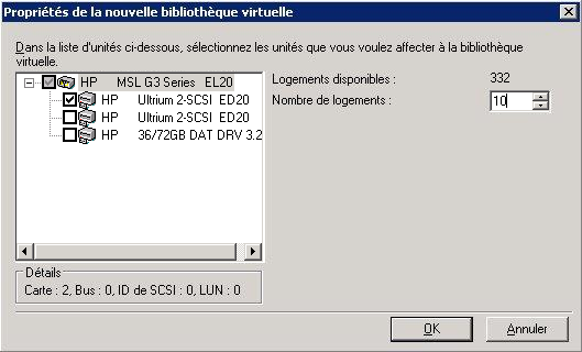 Boîte de dialogue Nouvelles propriétés de bibliothèques virtuelles. Un périphérique est spécifié. La boîte de dialogue affiche le nombre de logements disponibles pour le périphérique spécifié.