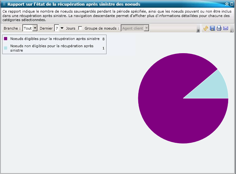 Rapport sur l'état de la récupération après sinistre des noeuds : Graphique à secteurs récapitulatif