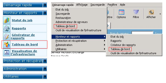 Ouverture du tableau de bord à partir du menu de démarrage rapide.
