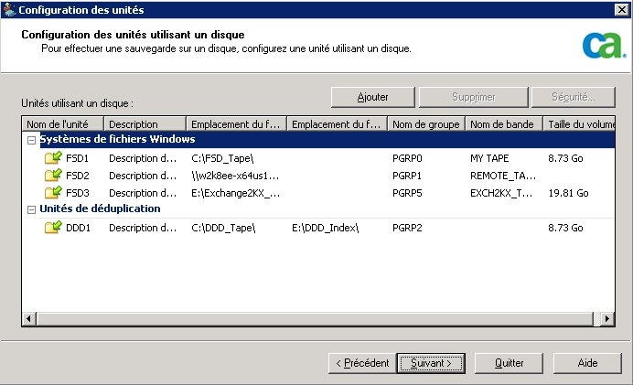 Configuration de périphérique - Configuration de l'unité de déduplication - Spécifiez l'emplacement de fichier d'index.