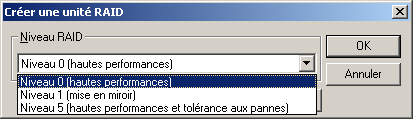 Boîte de dialogue Créer une unité RAID. Le niveau 0 (hautes performances) est sélectionné.