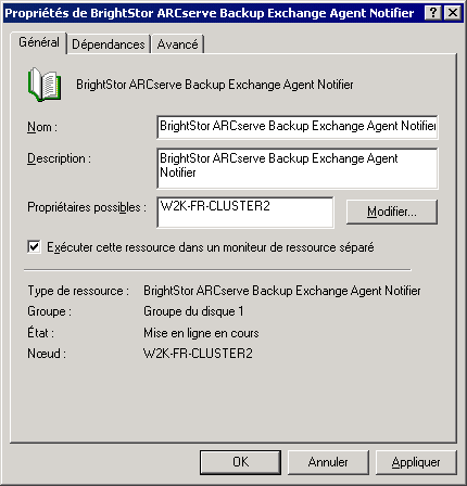Onglet Gén de l'outil de notification de l'agent pour Exchange
