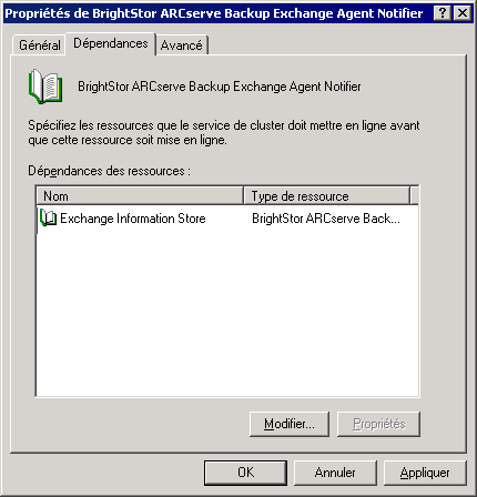 Onglet Dépendances de l'outil de notification de l'agent pour Exchange