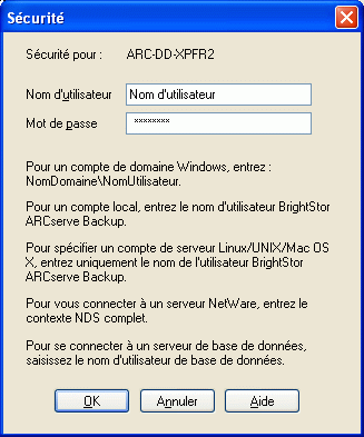 Boîte de dialogue Sécurité de l'agent ARCserve