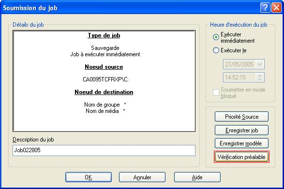 Boîte de dialogue Soumission du job La Vérification préalable est mise en surbrillance.