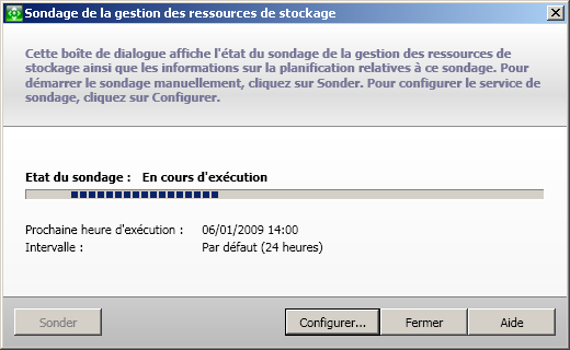 Boîte de dialogue Sondage de la gestion des ressources de stockage
