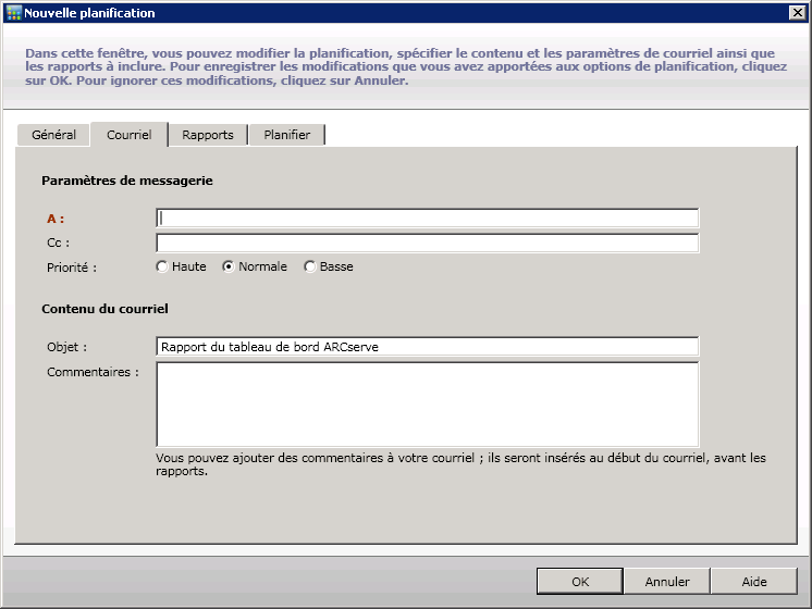 Planification de courriels : onglet Général