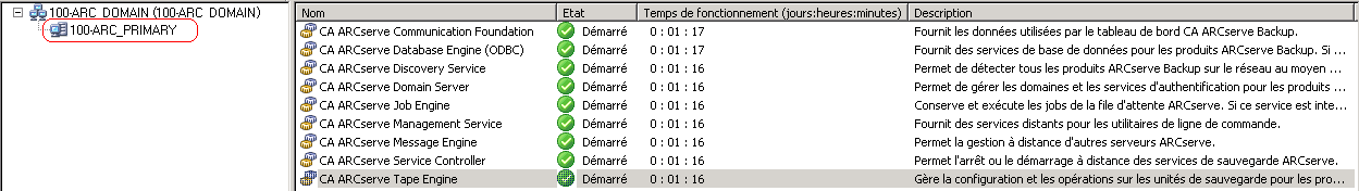 Illustration - Gestionnaire d'administrateur de serveur. Le moteur de bandes CA ARCserve est mis en surbrillance.