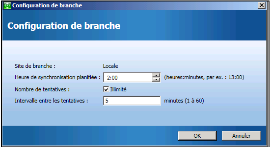 Gestionnaire central - Boîte de dialogue Configuration de branche