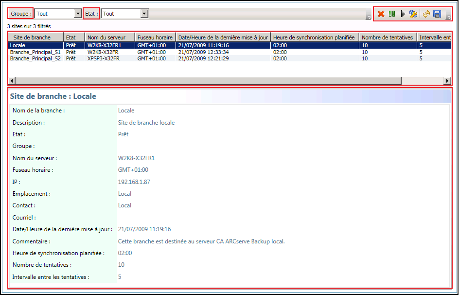 Gestionnaire central - Volet Gestion de branches