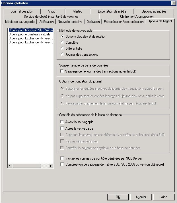 Cliquez sur le bouton Options dans la barre d'outils, puis choisissez l'onglet d'Options de l'agent pour accéder aux Options globales/Options de l'agent.