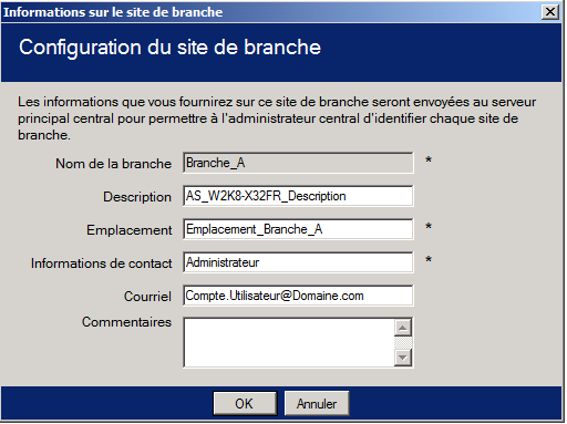 Modification de la configuration du site de branche