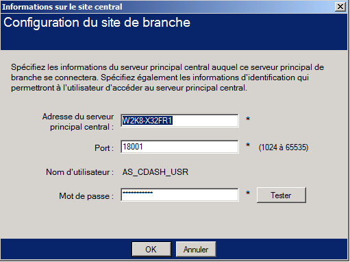 Modification de la connexion au site central