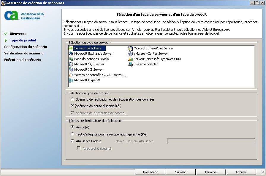 fenêtre Sélection d'un serveur et d'un type de produit