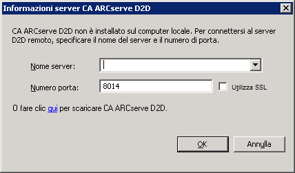 Finestra di dialogo Informazioni server CA ARCserve D2D. Mediante questa finestra di dialogo, è possibile accedere a un altro server ARCserve per aprire CA ARCserve D2D. In alternativa, fare clic qui per scaricare e installare CA ARCserve D2D.