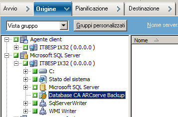 Scheda Origine di Gestione backup. Il database di CA ARCserve Backup è escluso dall'origine.