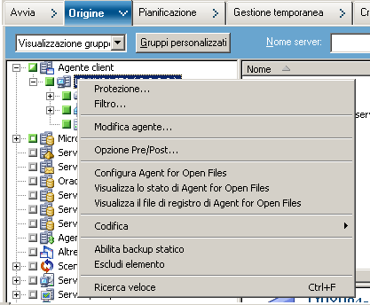 Scheda Origine, Visualizzazione classica. Fare clic sulla casella accanto al nome del computer. Fare clic con il tasto destro del mouse sul nome del computer e selezionare Abilita backup statico dal menu di scelta rapida.