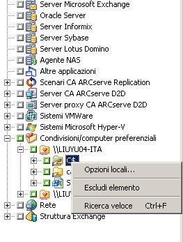 Finestra di Gestione backup  È specificato un volume con opzione di backup locale.