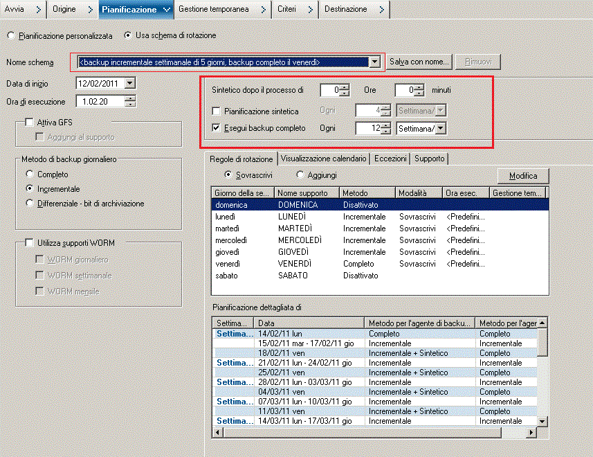 Impostazione di un criterio sintetico per il backup sintetico completo mediante uno schema di rotazione