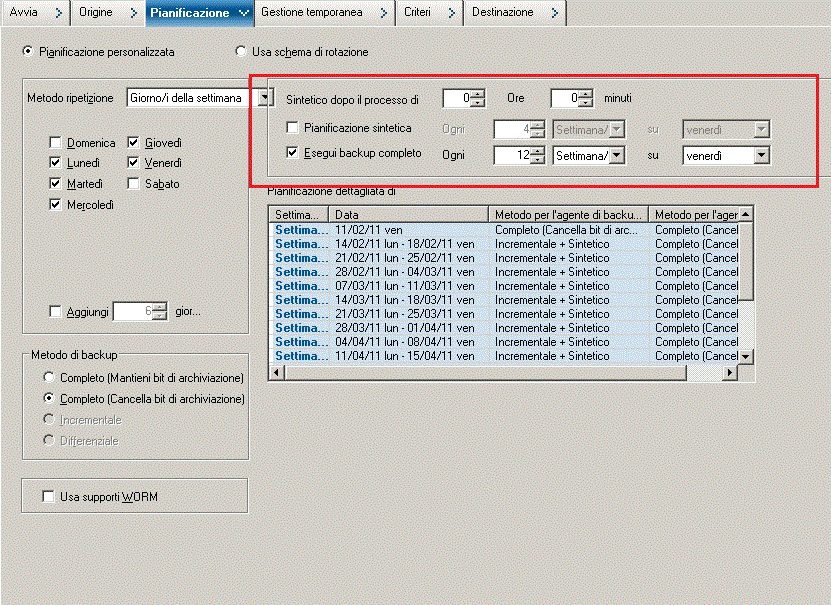 Impostazione di un criterio sintetico per il backup sintetico completo mediante una pianificazione personalizzata