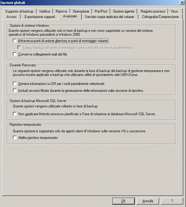 Opzione Abilita ripristino temporizzato della finestra di dialogo Opzioni globali