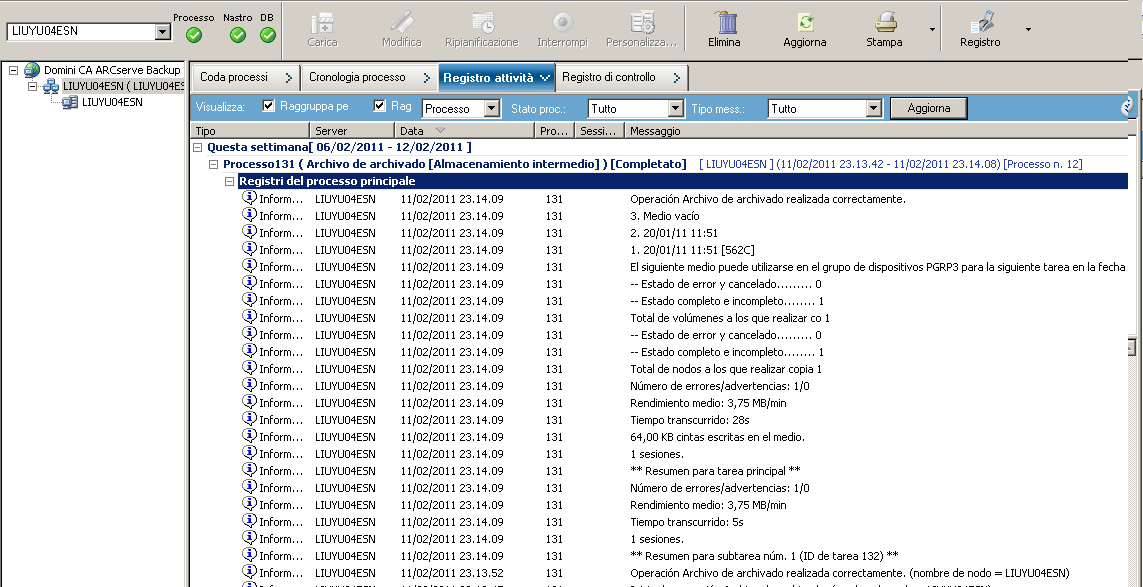 Gestione stato processi Il server dell'Utilità di spostamento dati è selezionato e la scheda Registro attività contiene i dettagli dei processi.
