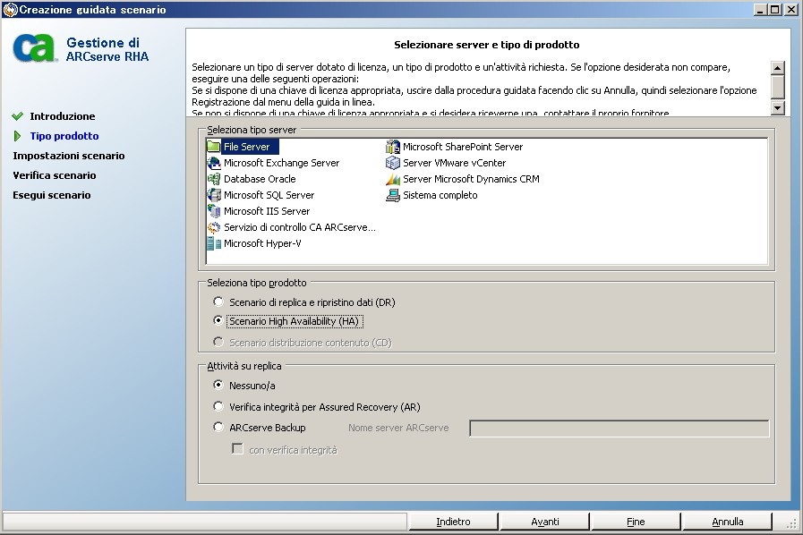 Schermata Selezionare tipo di server e prodotto