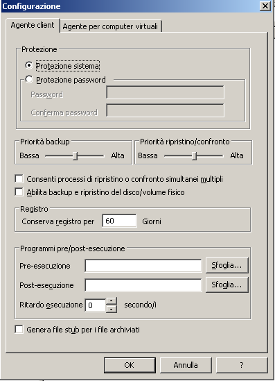 Schermata raffigurante la configurazione dell'agente di backup