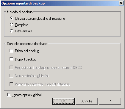 Opzioni agente di backup, finestra di dialogo