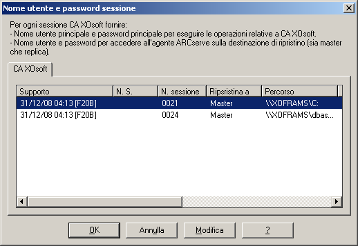 Ripristino per sessione - finestra di dialogo Nome utente e password sessione