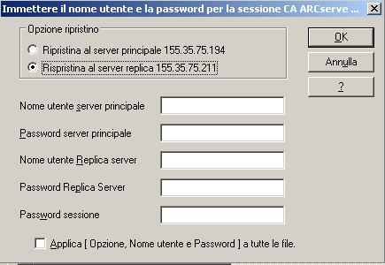 Ripristino per sessione - finestra di dialogo Immettere nome utente e password per la sessione CA ARCserve Replication