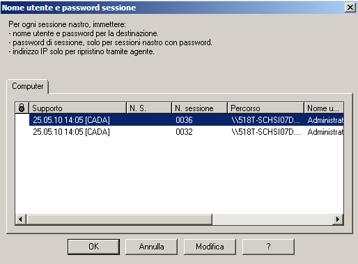 Finestra di dialogo Nome utente e password sessione