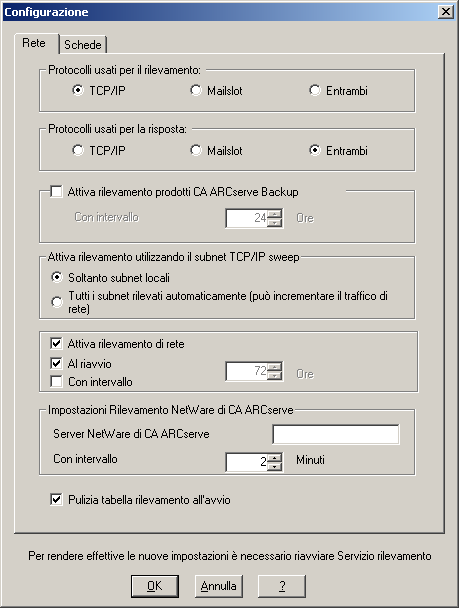 Finestra di dialogo Configurazione rilevamento. Vengono specificate le opzioni predefinite.