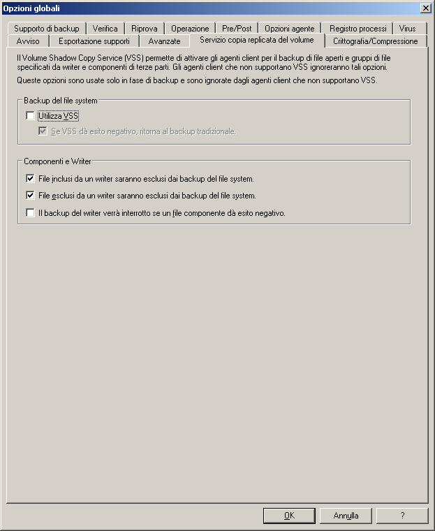 Scheda Volume Shadow Copy Service nella finestra di dialogo Opzioni globali