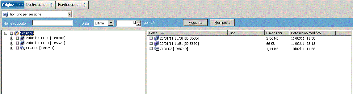 Elenco sessioni Ripristino per sessione di Microsoft Hyper-V