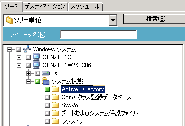 リストア マネージャのソース ツリー ［システム状態］が展開され、［Active Directory］が選択されています。