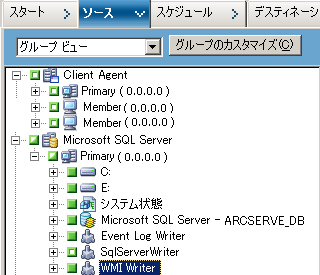 バックアップ マネージャの［ソース］タブ。 CA ARCserve Backup データベースがソースから除外されます。